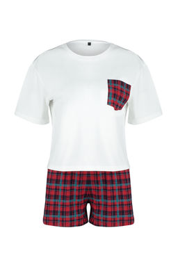 Trendyolmilla Beyaz Cok Renkli %100 Pamuklu Ekoseli Sortlu Orme Pijama Tak?m? THMSS24PT00037