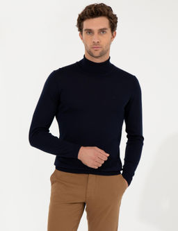 Базовый трикотажный свитер с водолазкой узкого кроя темно-синего цвета - Cacharel фото 2