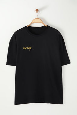 Siyah Oversize/Genis Kesim S?rt Limon Bask?l? %100 Pamuk T-Shirt TMNSS23TS00089