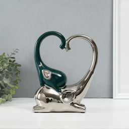 Фигурка керамика Слон со слонёнком. Сердце, т. зелёный с серебром, 7.3?17.5?22 см