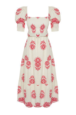 Pembe Desenli Kare Yaka Keten Gorunumlu Kemerli Midi Dokuma Elbise TWOSS24EL00779 - Trendyolmilla фото 7