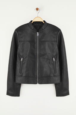 Siyah Fitted Kal?p Suni Deri Biker Ince Ceket Mont TWOAW26MO00085 - Trendyolmilla фото 5