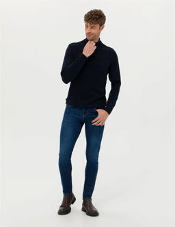 Lacivert Slim Fit Yar_m Bal_k__ Yaka Basic Triko Kazak