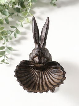 Сувенир чугун подставка, кормушка для птиц "Заяц с ракушкой" 14х11,5х16,5 см