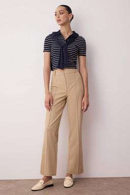 Ac?k Kahverengi Straight/Duz Kesim Yuksek Bel Nervur Dikisli Dokuma Pantolon TWOSS21PL0093