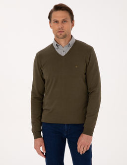 Koyu Haki Slim Fit V Yaka Basic Triko Kazak