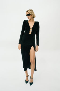 SHIMMER APPLIQU_ VELVET MIDI DRESS