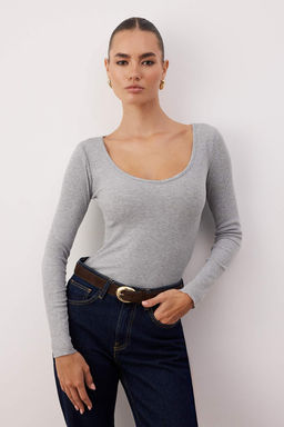 Kahverengi-Gri Melanj 2li Paket V Yaka Fitted/Vucuda Oturan Pamuklu Esnek Orme Bluz TWOAW24BZ00068