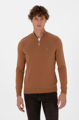Erkek Slim Fit Yar_m Fermuarl_ Camel Basic Kazak