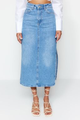 TRENDYOLMILLA Ac?k Mavi Y?rtmacl? Yuksek Bel Maxi Denim Etek TWOSS23ET00109  фото 4
