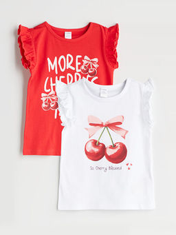 Bisiklet Yaka Bask?l? K?z ?ocuk Ti??rt 2li