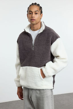 TRENDYOL MAN Fume Unisex Oversize/Genis Kesim Renk Bloklu Dik Yaka S?cak Tutan Pelus Sweatshirt TMNAW25SW00148 - Trendyolmilla фото 6