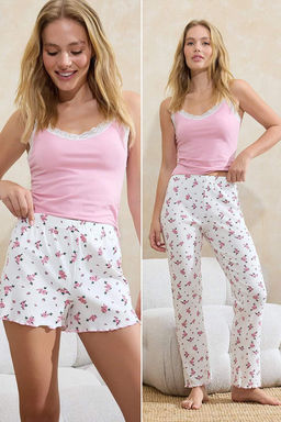 Pembe-Beyaz 3lu Pamuklu Cicekli Dantel Detayl? Alt Kaskorse Orme Pijama Tak?m? THMSS26PT00015