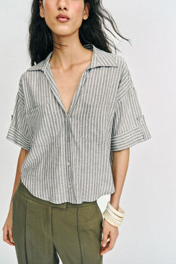 CAMISA RAYAS CON LINO / Khaki - Zara фото 6