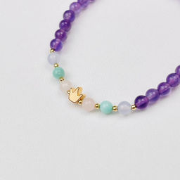 Браслет детский из Аметиста,Розового Кварца,Амазонита и Агата со вставкой "Корона" 16,5 см