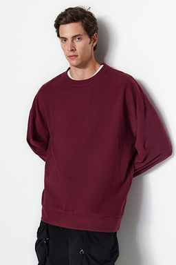 Bordo Bisiklet Yaka Oversize/Geni_ Kesim Yumu_ak F_r_al_ Selanik Sweatshirt TMNAW24SW00057