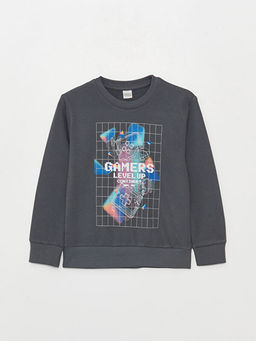 Bisiklet Yaka Bask?l? Uzun Kollu Erkek ?ocuk Sweatshirt