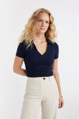 Slim Fit Dar Kesim Fitilli Kaskorse K?sa Kollu Polo Tisort