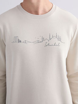 Bisiklet Yaka Bask?l? Erkek Kal?n Sweatshirt