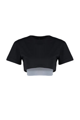 Siyah Gri Melanj 2 Katmanl? Reflektor Bask?l? Crop Orme Spor T-Shirt THMSS24TS00001
