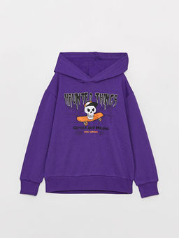 Bask?l? Uzun Kollu Erkek ?ocuk Hoodie
