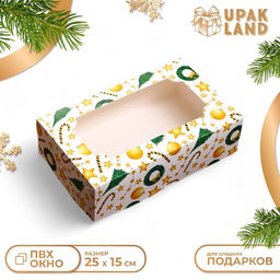 Цена за 2 шт. Коробка новогодняя складная с окном «Звезды и трости», 25×15×7 см