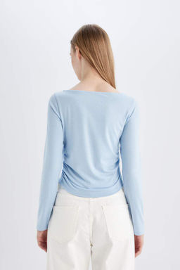 Женская базовая однотонная футболка с вырезом лодочкой и длинными рукавами - Defacto фото 6