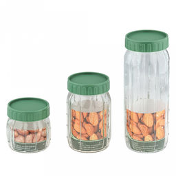 Банка для сыпучих продуктов стеклянная Кактус набор 3шт: 0,3л, h8,8с; 0,6мл, h14см; 1л, h22,6см, горло д7,5см, основание д8см, винтовая пластмассовая крышка зеленого цвета, в коробке (Китай) - Домашняя мода фото 2