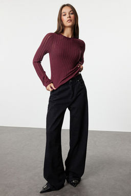 Bordo Transparan Triko Gorunumlu Kumas Regular Boy Bisiklet Yaka Orme Bluz TWOAW24BZ00094