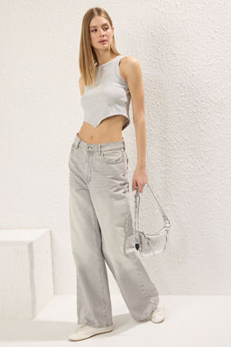 GrI melanj Asimetrik Super Crop Fitilli Esnek Orme Atlet TWOSS22AL0065