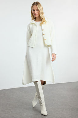 Ekru Midi Triko Ceket Gorunumlu H?rka-Elbise Tak?m TWOAW25EL00082