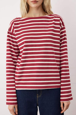 Bordo Kal?n Pamuklu Cizgili Regular/Normal Kal?p OrmeT-Shirt TWOAW26TS00001