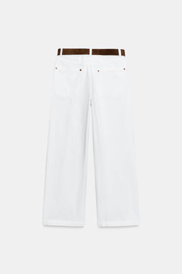 JEANS WIDE LEG CROPPED TIRO ALTO CINTUR?N / Blanco
