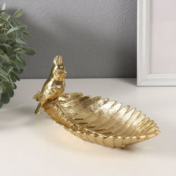 Фигурка полистоун подставка «Золотой попугайчик с хохолком на золотом листе», 11×24.5×11 см