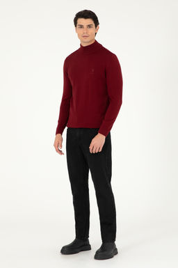 Erkek Slim Fit Yar_m Bo_azl_ Bordo Basic Kazak