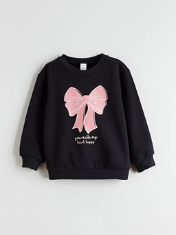 Fiyonk Bask?l? K?z ?ocuk Kal?n Sweatshirt