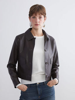 G?mlek Yaka Kad?n Deri G?r?n?ml? Ceket