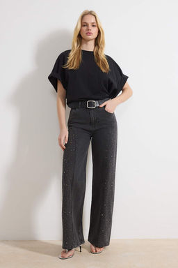 Siyah DOKUMLU Tasl? Dikis Detayl? Yuksek Bel %100 Pamuk Wide Leg Jeans TWOSS26JE00079 - Trendyolmilla фото 2