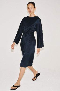 VESTIDO MIDI CINTUR?N CON LINO ZW COLLECTION / Azul