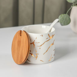 Банки с ложками на деревянной подставке Эстет. Gold, набор 3 шт.: 300 мл, керамика, белые - Simaland фото 5