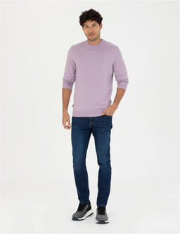 Koyu Lila Slim Fit Yar_m Bal_k__ Yaka Basic Triko Kazak