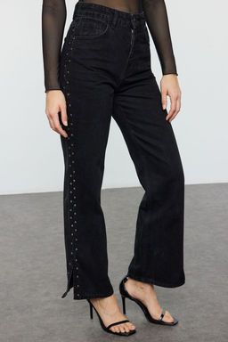 Siyah Trok Detayl? Pacas? Y?rtmacl? Yuksek Bel Wide Leg Jeans TWOSS25JE00015 - Trendyolmilla фото 3
