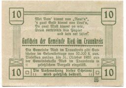 10 геллеров 1920 года Австрия Рид-им-Траункрайс (нотгельд)