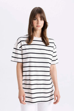 Полосатая футболка-туника с круглым вырезом и короткими рукавами - Defacto фото 4