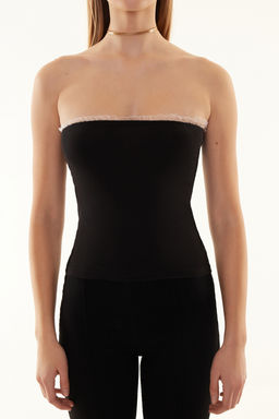 Trendyolmilla Pembe Fitilli Straplez Yaka Dokuma Garnili Vucuda Oturan Pamuklu Crop Orme Bluz TWOSS24BZ00361 фото 5