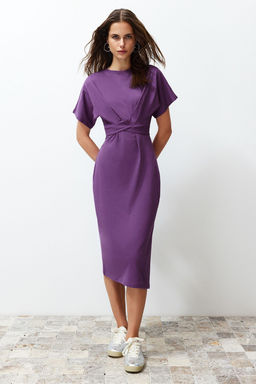 TRENDYOLMILLA Siyah %100 Pamuk Bele Oturan Y?rtmac ve Baglama Detayl? Midi Orme Kalem Elbise TWOSS21EL0404  фото 46
