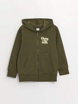 Kap??onlu Bask?l? Uzun Kollu Erkek ?ocuk Fermuarl? Sweatshirt