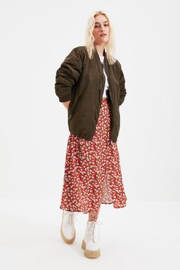 Kiremit Y?rtmac Detayl? Cicek Desenli Viskon Kumasl? Midi Boy Dokuma Etek TWOSS20ET0230