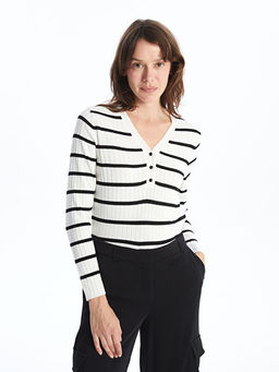 V Yaka ?izgili Uzun Kollu Kad?n Triko Kazak