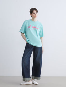 Bisiklet Yaka Bask?l? Oversize Kad?n Ti??rt